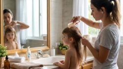 The mistake of brushing a child’s tangled hair from the roots down instead of starting at the ends to prevent tears and breakage