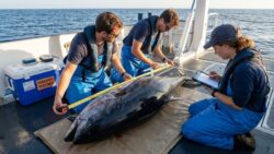 A rare giant bluefin tuna is measured and confirmed by marine biologists using peer-reviewed protocols